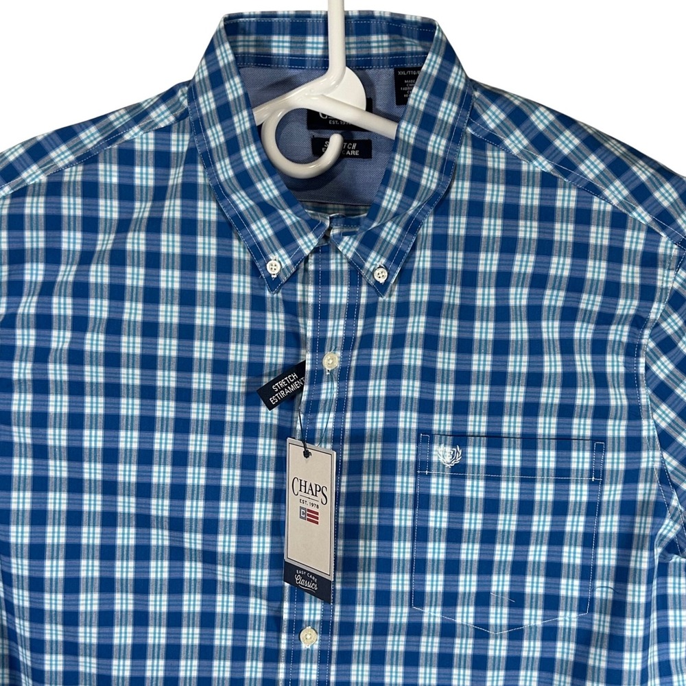 Chaps Mens Long Sleeve Stretch Easy Care Woven Shirt Blue White Plaid Large New